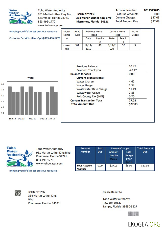 USA Florida Toho Water Authority utility bill template in Word and PDF format